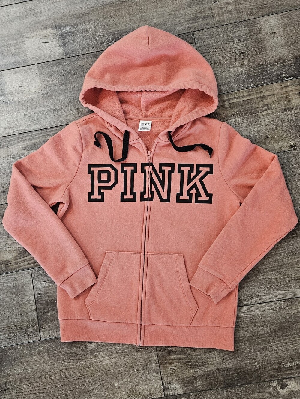 PINK Victoria's Secret Coral Pink Zip-Up Hoodie with Black Logo Size Medium